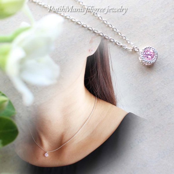 画像7: ピンクトルマリンのシルバーネックレス|10月誕生石の天然ピンクトルマリンの若草色の石を銀線細工で包んだネックレス【silver925】