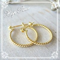 【フープピアス】ミル打ちのような複雑な輝きのツイストワイヤーを使って、職人が丁寧に仕上げた15mmフープピアス（ゴールド）K24K/K18K/ピンクゴールド【ニッケルフリー】