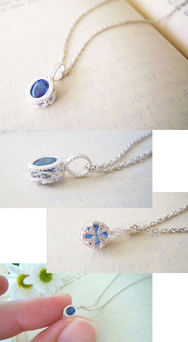 画像2: サファイヤの一粒ネックレス｜9月誕生石の天然サファイヤ、大きめオーバルの神秘的な青い色の石を銀線細工で包んだネックレス【silver925】